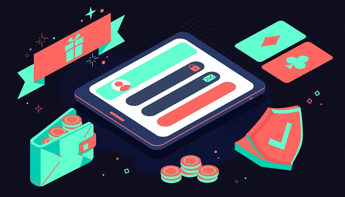 Isometric scene of casino sign-up with bonus and security icons